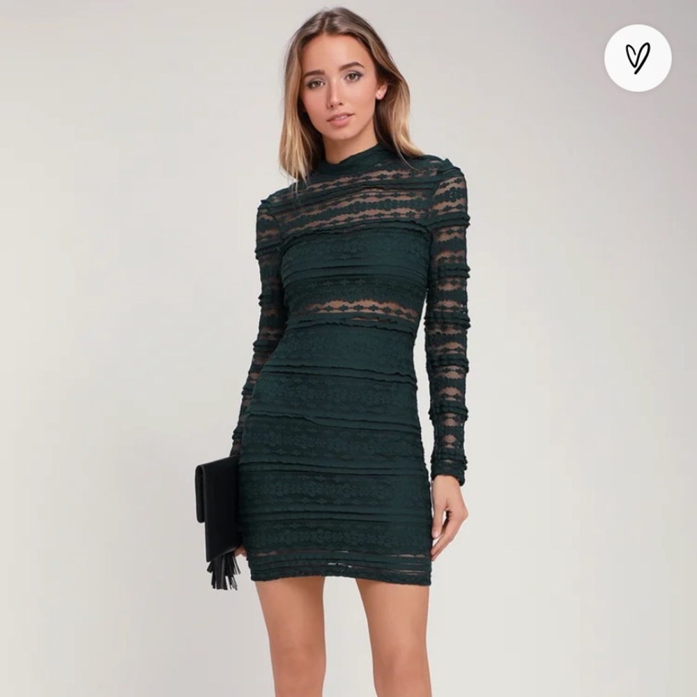 Lulus Green Lace Long Sleeve Bodycon Dress